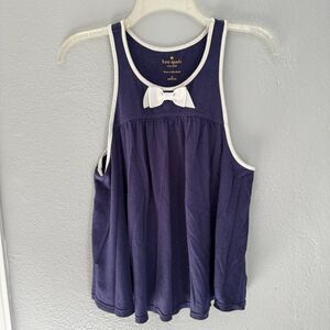 Kate Spade Dark Blue White Trim & Bow Pleated Scoop Neck Tank Top Women's Medium
